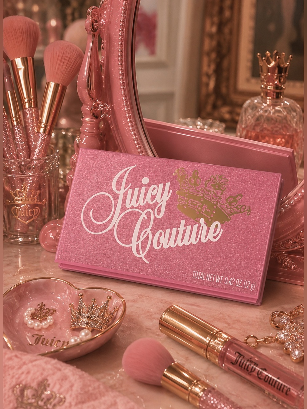 🍒 Juicy Couture Pink Glitter 10 Pan Eyeshadow Palette with Gold Crown decor